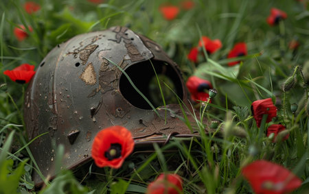 A weathered helmet sits forgotten among blooming poppies, a symbol of past conflicts amidst life's resilienceの素材