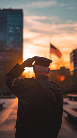 An American soldier saluting the flag during a serene sunset, embodying national pride in a city environmentの素材
