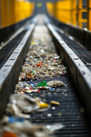 Workers in safety gear clearing recyclable waste at a landfill with a heavy machinery in backgroundの素材