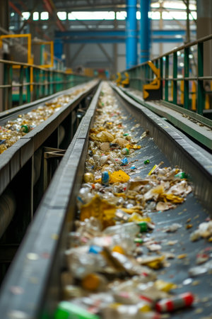 Industrial railway track leading to a processing facility under a clear skyの素材