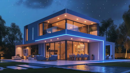 Modern, luxurious two-story house illuminated under the night skyの素材