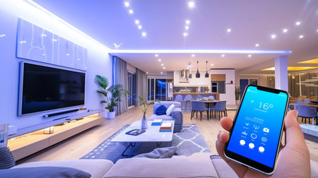 Mobile phone in foreground controlling a well-lit, modern smart home interiorの素材