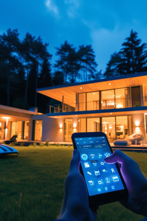 Hand holding smartphone with augmented reality interface overlaying smart home control graphics on a house background in twilightの素材