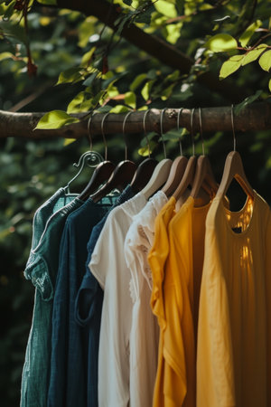 Serene outdoor setting with various pieces of clothing hanging on hangersの素材