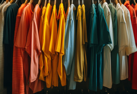 A wide view of a diverse selection of colorful clothes neatly arranged in a closetの素材