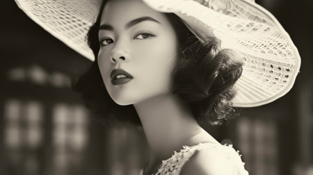 Serene beauty captured in a black and white image, wearing a wide-brimmed hat and lace dressの素材