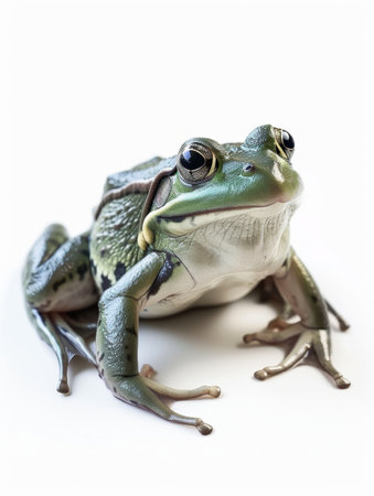 Front view of a green frog with large eyes and shiny skin, sitting on a white backgroundの素材