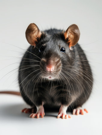 Close-up of a dark-colored mouse with large ears and shiny eyes on a white backgroundの素材
