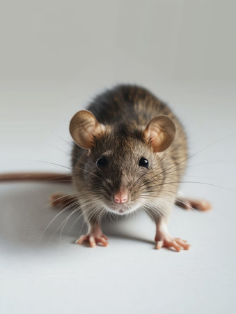 Side profile of a sleek brown rat standing on hind legs with a clean gray backgroundの素材
