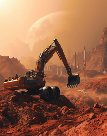 Excavator on a Mars-like terrain with a large planet in the background amidst a hazy skyの素材