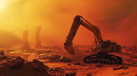 Excavator on a Mars-like terrain with a large planet in the background amidst a hazy skyの素材