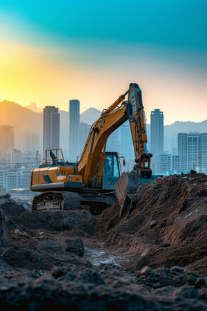 A solitary excavator stands at a construction site, framed by the encroaching shadows of dusk and the city skylineの素材