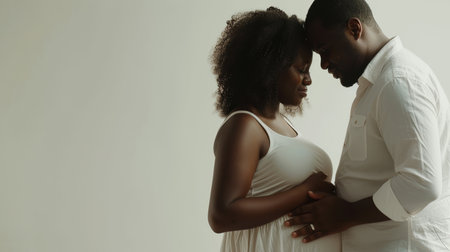 A couple in cultural attire gently embracing and touching foreheads, with the focus on the pregnant bellyの素材