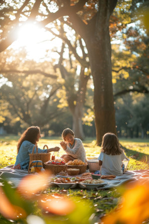 Family enjoying a picnic on a sunny day in a park with wicker baskets, fresh salad, and breadの素材