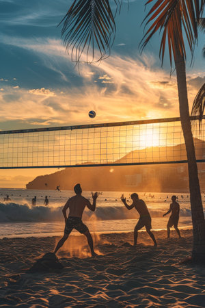 Intense beach volleyball action captured at dusk with players mid-game and a vibrant skyの素材