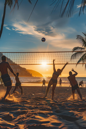 A group playing beach volleyball with a stunning sunset and sea in the backgroundの素材