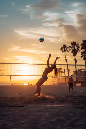 Players engage in a beach volleyball game at sunset with a stunning ocean backdropの素材