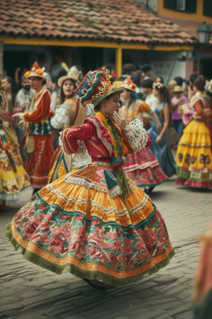 Woman in intricate, colorful traditional dress performs a dance on a cobblestone street, surrounded by other dancers in motionの素材