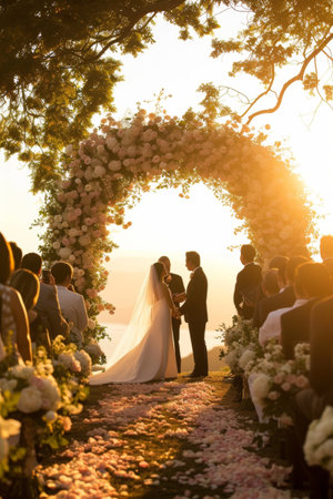 Bride and groom exchange vows in a sunlit outdoor wedding ceremony, framed by a floral arch and an intimate gatheringの素材
