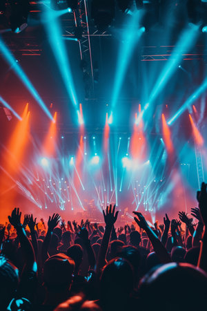 Rock band performs energetically on stage, illuminated by striking blue red lights with a crowd of fans enjoying the musicの素材