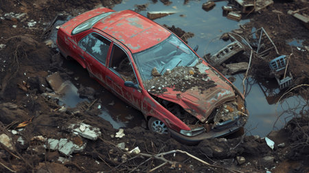 Red car partially submerged in muddy water among scattered debris in a wasteland areaの素材