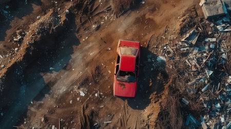 Aerial shot of dilapidated cars lined up on a dusty terrain filled with rubbishの素材