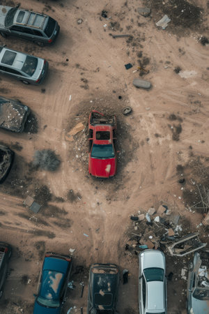 Aerial shot of dilapidated cars lined up on a dusty terrain filled with rubbishの素材