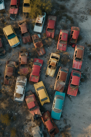 Top-down view of a car graveyard at sunset with rusting vehicles scattered across the groundの素材