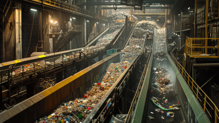 Inside the industrial hall of a recycling plant where endless streams of waste are sortedの素材