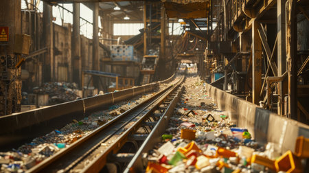Warm sunset light casts over a recycling facility's conveyor belts laden with waste materialsの素材
