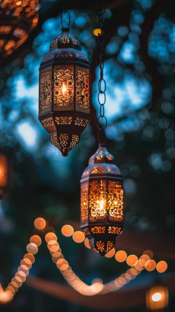 Arabesque lanterns suspended in the night, their intricate patterns casting a soft glow amidst the bokeh light danceの素材