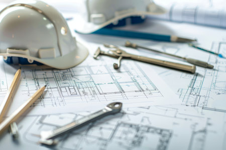 Engineering workspace with blueprints, helmets, and tools for planning and constructionの素材