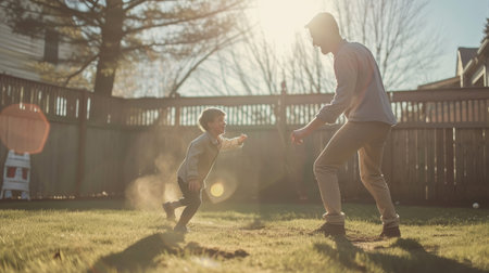 Father and son playing catch with a baseball in backyard at sunsetの素材