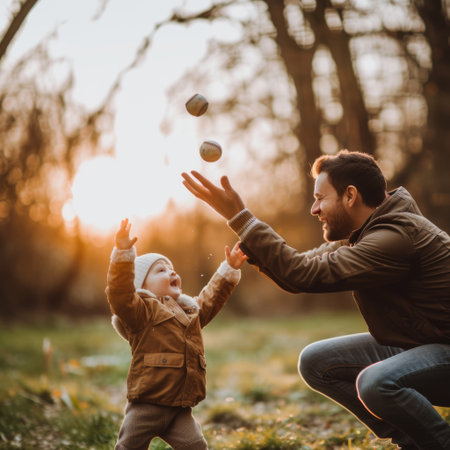 Father and toddler laughing together while juggling baseballs in a glowing sunsetの素材