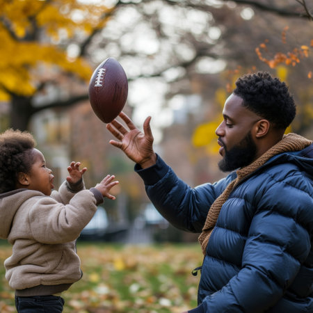 Father in a winter jacket handing a football to his excited young son in a leaf-strewn parkの素材