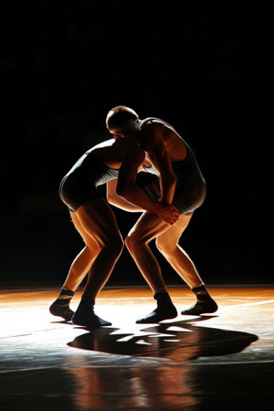 Two wrestlers in silhouette preparing to engage, spotlighted on a dark stageの素材