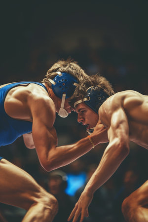 Two wrestlers in silhouette preparing to engage, spotlighted on a dark stageの素材
