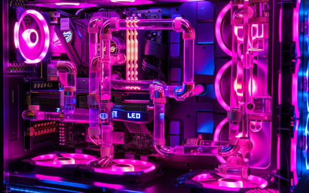 A dynamic view of a computer cooling system with vibrant pink and purple LED lightsの素材