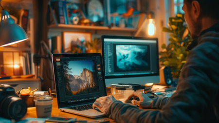 Tranquil workspace with a laptop displaying a serene nature image during golden hourの素材