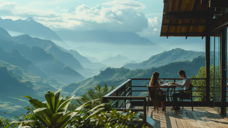 Couple dining against a breathtaking mountain backdrop, a moment of alpine serenityの素材