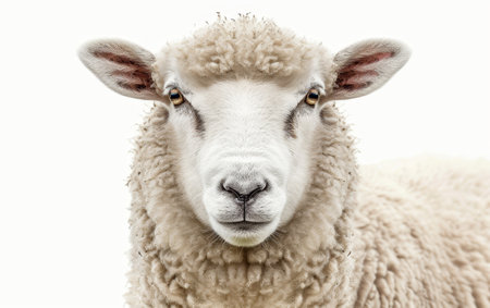 Close-up of a sheep's face with a soft, innocent gaze, against a high-key white backgroundの素材