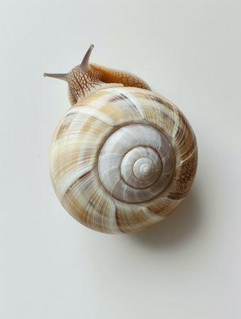 Close-up of a snail with a translucent, golden brown shell on a white backgroundの素材