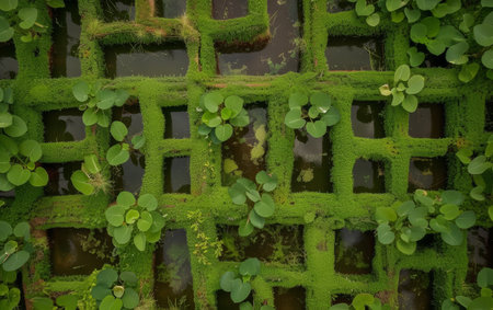 Overhead shot of a complex green maze garden surrounded by vibrant tropical foliageの素材
