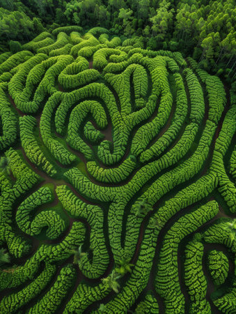 Top view of a garden maze with intricate pathways surrounded by dense green bushes and treesの素材