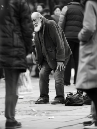 Black and white image of an elderly man bending forward amidst a bustling urban crowdの素材
