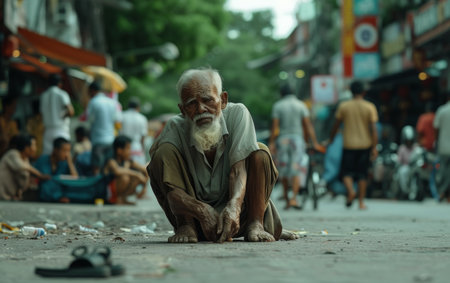 An elderly man with a white beard sitting alone on a busy street, with blurred figures walking byの素材