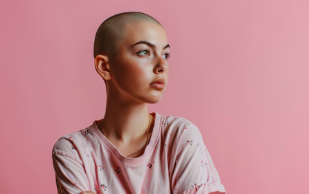 Serene bald young woman in a pink sweater looks contemplatively aside on a pink backgroundの素材