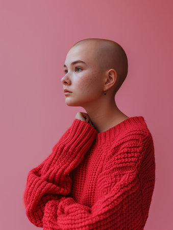 Pensive bald woman in textured red knitwear gazing to the side against a pink backdropの素材