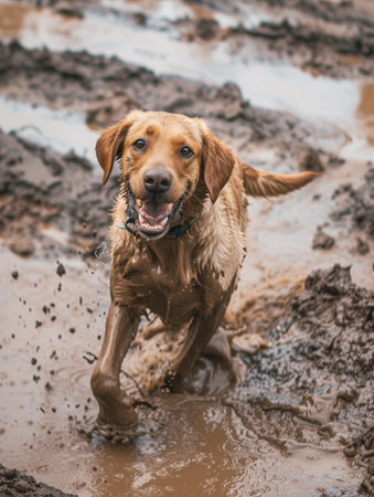 Happy brown dog running through muddy water, splashes around, in a natural outdoor settingの素材