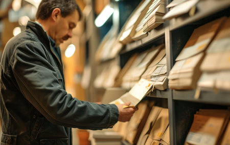 Worker in casual attire sorting letters and packages at a postal sorting facilityの素材